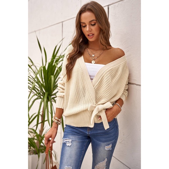 Wrap V Neck Sweater With Side Tie - Picture 3 of 11